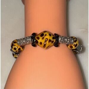 Animal Print Bracelet Cheetah Sterling Silver 925 Yellow Black Beaded Bracelet